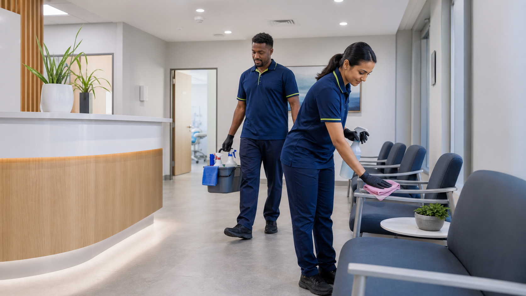 Commercial cleaners maintaining a bright clinic waiting area