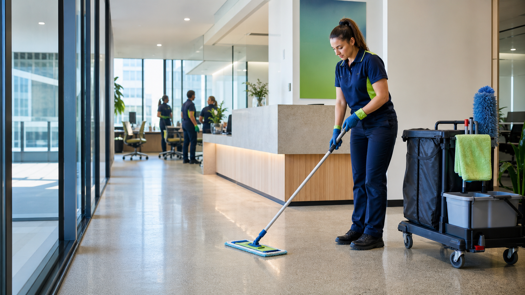 Professional commercial cleaner maintaining a modern office reception