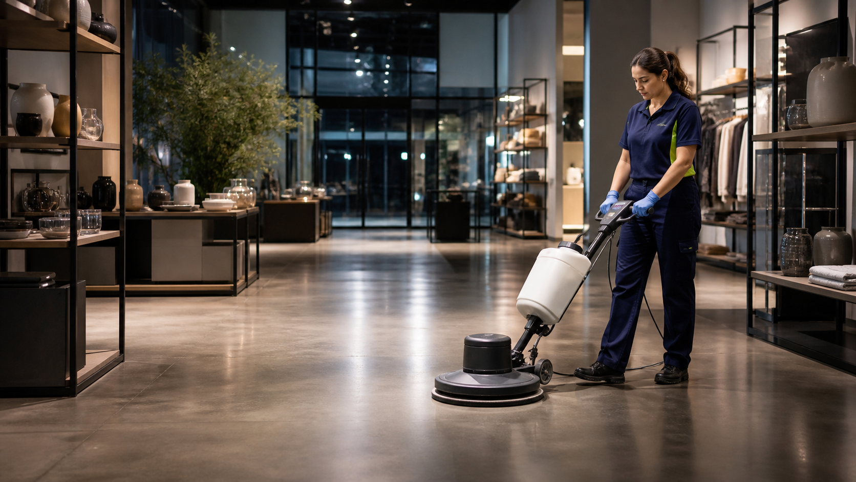 Professional cleaner maintaining a retail showroom after trading hours